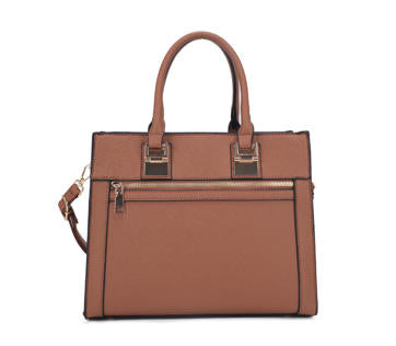 Brown Crossgrain Faux Leather Structured Top Handle Tote Bag, Front Zip Pocket Convertible Crossbody Office Handbag, Bulk Production Supply for Established Fashion Brands & Department Store Chains