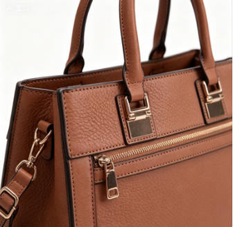 Brown Crossgrain Faux Leather Structured Top Handle Tote Bag, Front Zip Pocket Convertible Crossbody Office Handbag, Bulk Production Supply for Established Fashion Brands & Department Store Chains