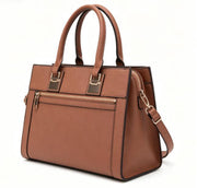 Brown Crossgrain Faux Leather Structured Top Handle Tote Bag, Front Zip Pocket Convertible Crossbody Office Handbag, Bulk Production Supply for Established Fashion Brands & Department Store Chains