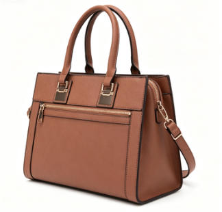 Brown Crossgrain Faux Leather Structured Top Handle Tote Bag, Front Zip Pocket Convertible Crossbody Office Handbag, Bulk Production Supply for Established Fashion Brands & Department Store Chains