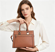 Brown Crossgrain Faux Leather Structured Top Handle Tote Bag, Front Zip Pocket Convertible Crossbody Office Handbag, Bulk Production Supply for Established Fashion Brands & Department Store Chains