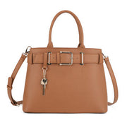 Tan Crossgrain Faux Leather Belt Buckle Top Handle Tote Bag, Key Pendant Decor Convertible Crossbody Office Handbag, Bulk Supply for Established Fashion Brands & Department Store Retail Chains