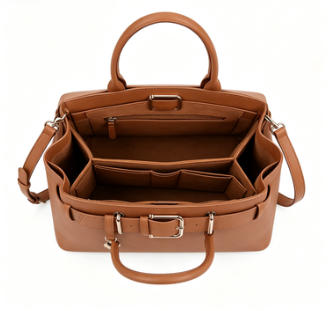 Tan Crossgrain Faux Leather Belt Buckle Top Handle Tote Bag, Key Pendant Decor Convertible Crossbody Office Handbag, Bulk Supply for Established Fashion Brands & Department Store Retail Chains