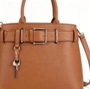 Tan Crossgrain Faux Leather Belt Buckle Top Handle Tote Bag, Key Pendant Decor Convertible Crossbody Office Handbag, Bulk Supply for Established Fashion Brands & Department Store Retail Chains