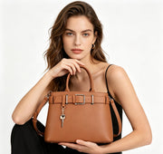 Tan Crossgrain Faux Leather Belt Buckle Top Handle Tote Bag, Key Pendant Decor Convertible Crossbody Office Handbag, Bulk Supply for Established Fashion Brands & Department Store Retail Chains