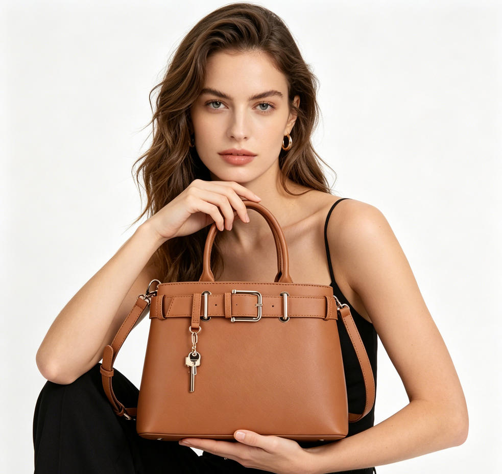 Tan Crossgrain Faux Leather Belt Buckle Top Handle Tote Bag, Key Pendant Decor Convertible Crossbody Office Handbag, Bulk Supply for Established Fashion Brands & Department Store Retail Chains