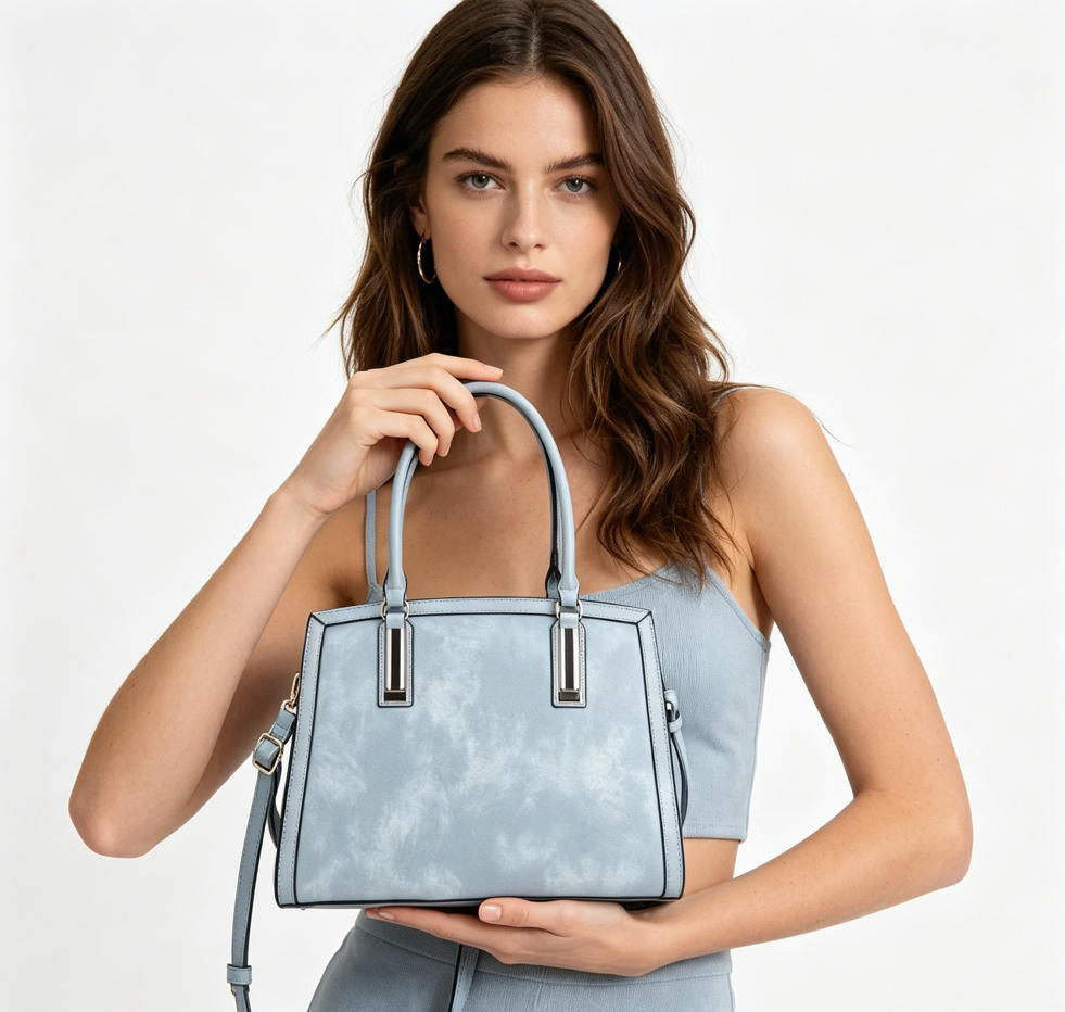 Light Blue Gradient Washed Faux Leather Structured Top Handle Tote Bag, Convertible Detachable Crossbody Shoulder Handbag, Mass Production Supply for Established Fashion Brands & Department Store Chains
