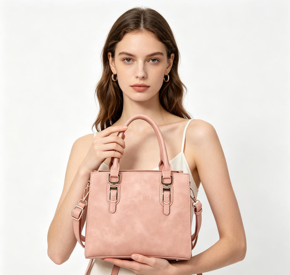 Dusty Pink Soft Washed Faux Leather Structured Top Handle Tote Bag, Adjustable Detachable Crossbody Satchel Handbag, Bulk Production Supply for Established Fashion Brands & Department Store Chains
