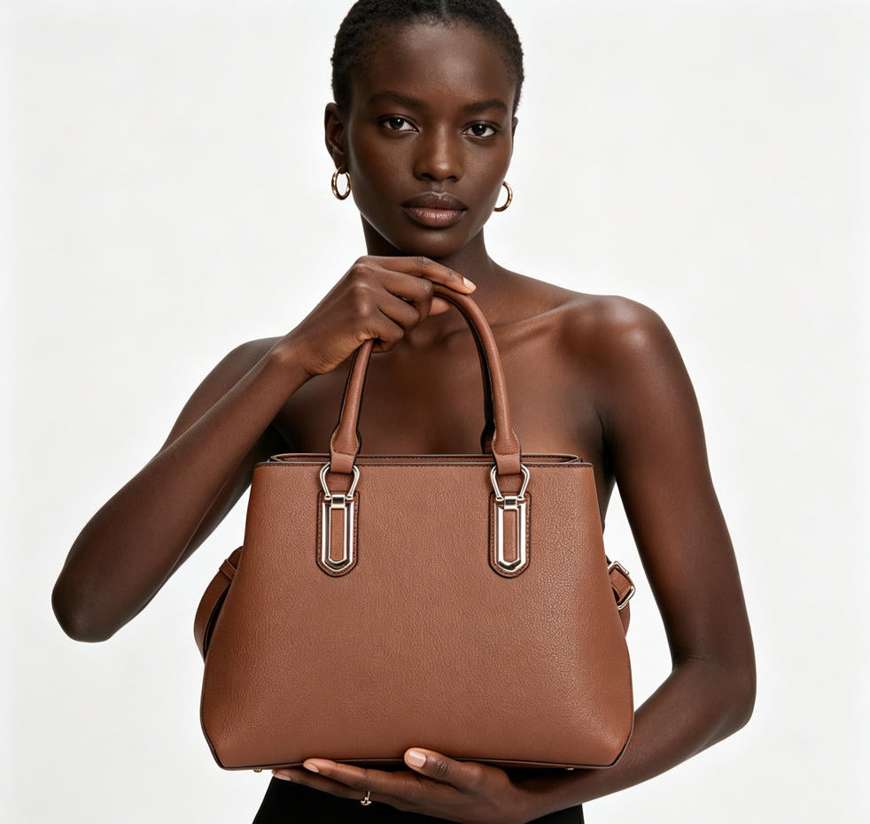 Brown Pebbled Faux Leather Top Handle Tote Bag, Detachable Crossbody Shoulder Handbag, Bulk Supply for Established Fashion Brands & Department Stores