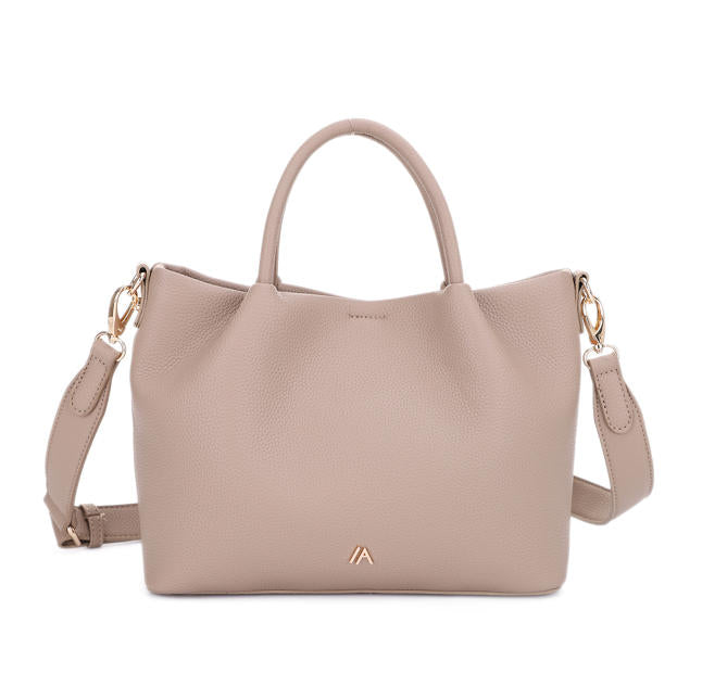 Khaki Pebbled Faux Leather Soft Tote Bag, Custom Metal Logo Detachable Crossbody Handbag, Bulk Supply for Established Fashion Brands & Mall Retail Chains