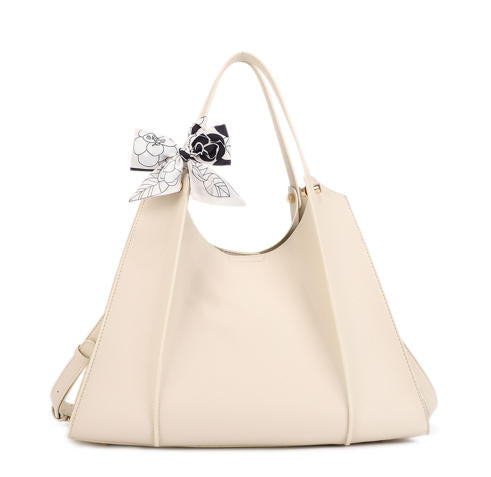 Cream Pebbled Faux Leather Large Hobo Tote Bag, Floral Silk Scarf Decor Convertible Crossbody Handbag, Bulk Supply for Established Fashion Brands & Department Stores