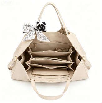 Cream Pebbled Faux Leather Large Hobo Tote Bag, Floral Silk Scarf Decor Convertible Crossbody Handbag, Bulk Supply for Established Fashion Brands & Department Stores