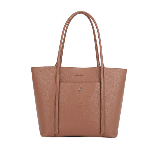 Brown Pebbled Faux Leather Large Work Tote Bag, Custom Metal Logo Office Shoulder Handbag, Bulk Wholesale for Established Fashion Brands & Mall Retail Chains
