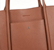 Brown Pebbled Faux Leather Large Work Tote Bag, Custom Metal Logo Office Shoulder Handbag, Bulk Wholesale for Established Fashion Brands & Mall Retail Chains