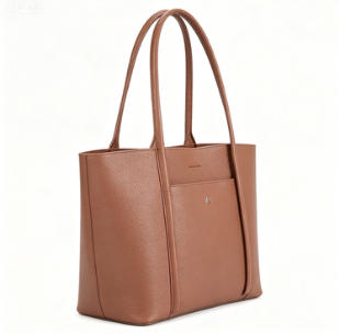 Brown Pebbled Faux Leather Large Work Tote Bag, Custom Metal Logo Office Shoulder Handbag, Bulk Wholesale for Established Fashion Brands & Mall Retail Chains