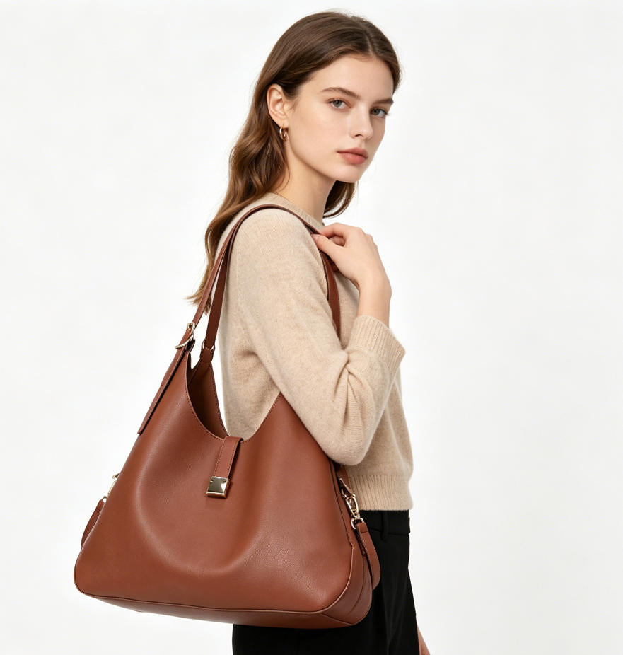 Brown Pebbled Faux Leather Hobo Tote Bag, Adjustable Shoulder Strap Convertible Crossbody Handbag, Bulk Supply for Established Fashion Brands & Department Stores
