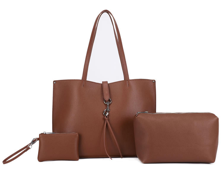 Brown Pebbled Faux Leather 3-in-1 Tote Bag Set, Large Work Shoulder Bag with Matching Cosmetic Pouch & Coin Purse, Bulk Supply for Established Fashion Brands & Department Retailers