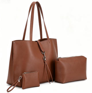 Brown Pebbled Faux Leather 3-in-1 Tote Bag Set, Large Work Shoulder Bag with Matching Cosmetic Pouch & Coin Purse, Bulk Supply for Established Fashion Brands & Department Retailers