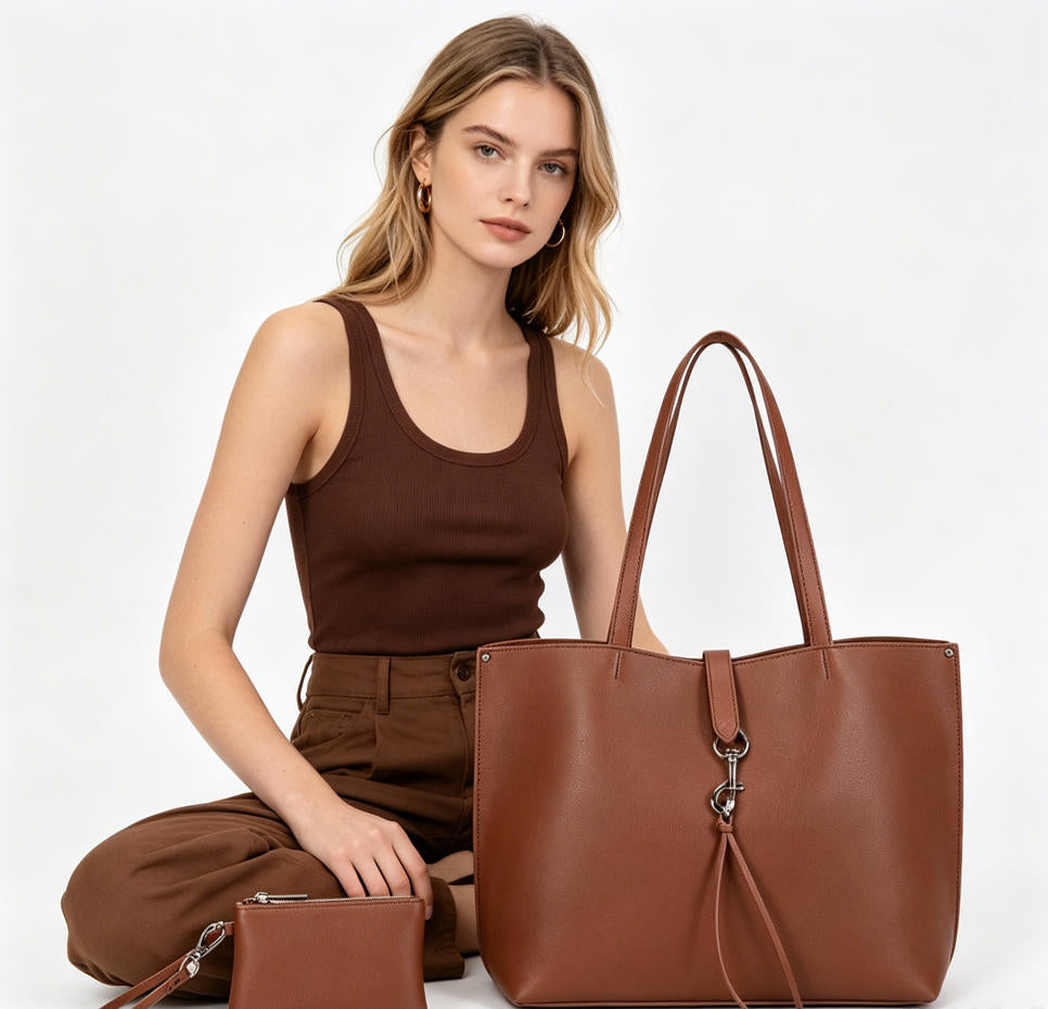 Brown Pebbled Faux Leather 3-in-1 Tote Bag Set, Large Work Shoulder Bag with Matching Cosmetic Pouch & Coin Purse, Bulk Supply for Established Fashion Brands & Department Retailers