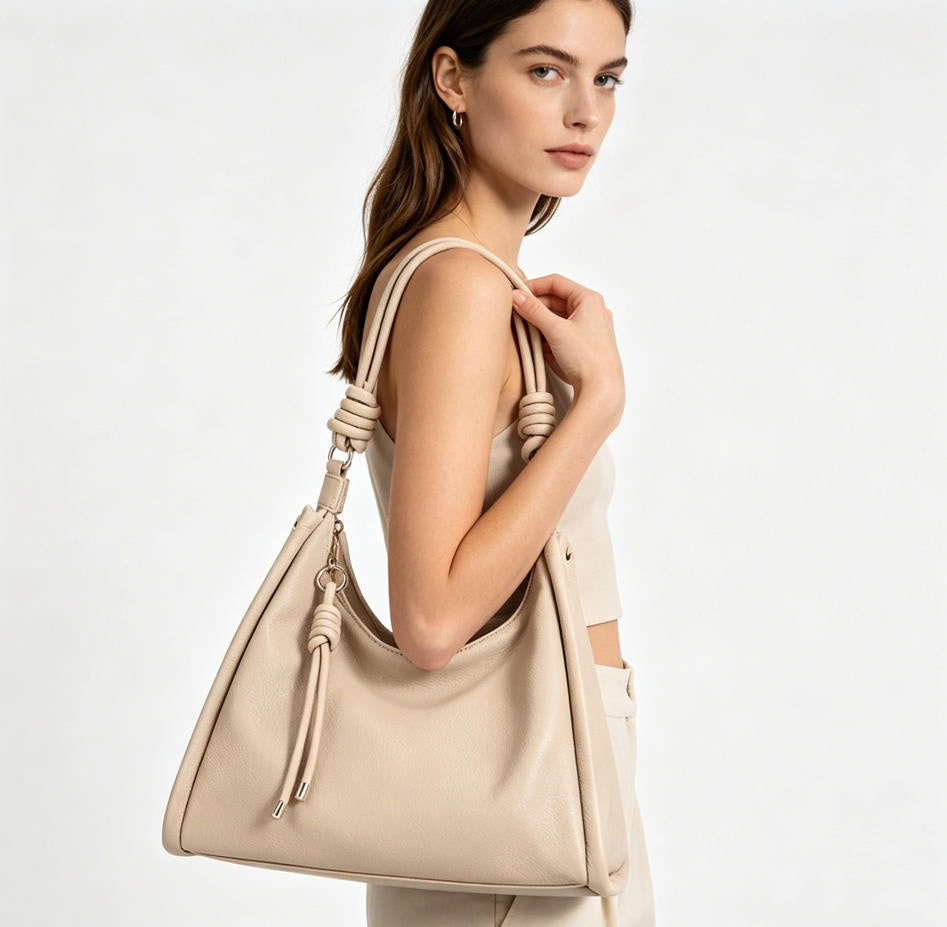 Beige Pebbled Faux Leather Knotted Strap Hobo Tote Bag, Detachable Crossbody Ladies Shoulder Bag, Bulk Supply for Established Fashion Brands & Mall Retail Chains